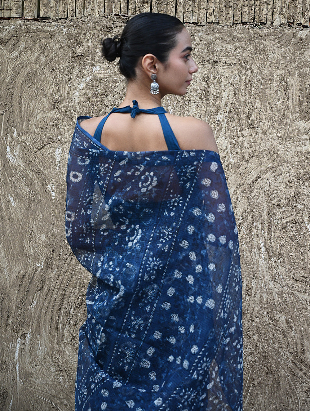 Sanganer Summers : Hand Block Printed Kota Doria Saree - Indigo Daisy Field