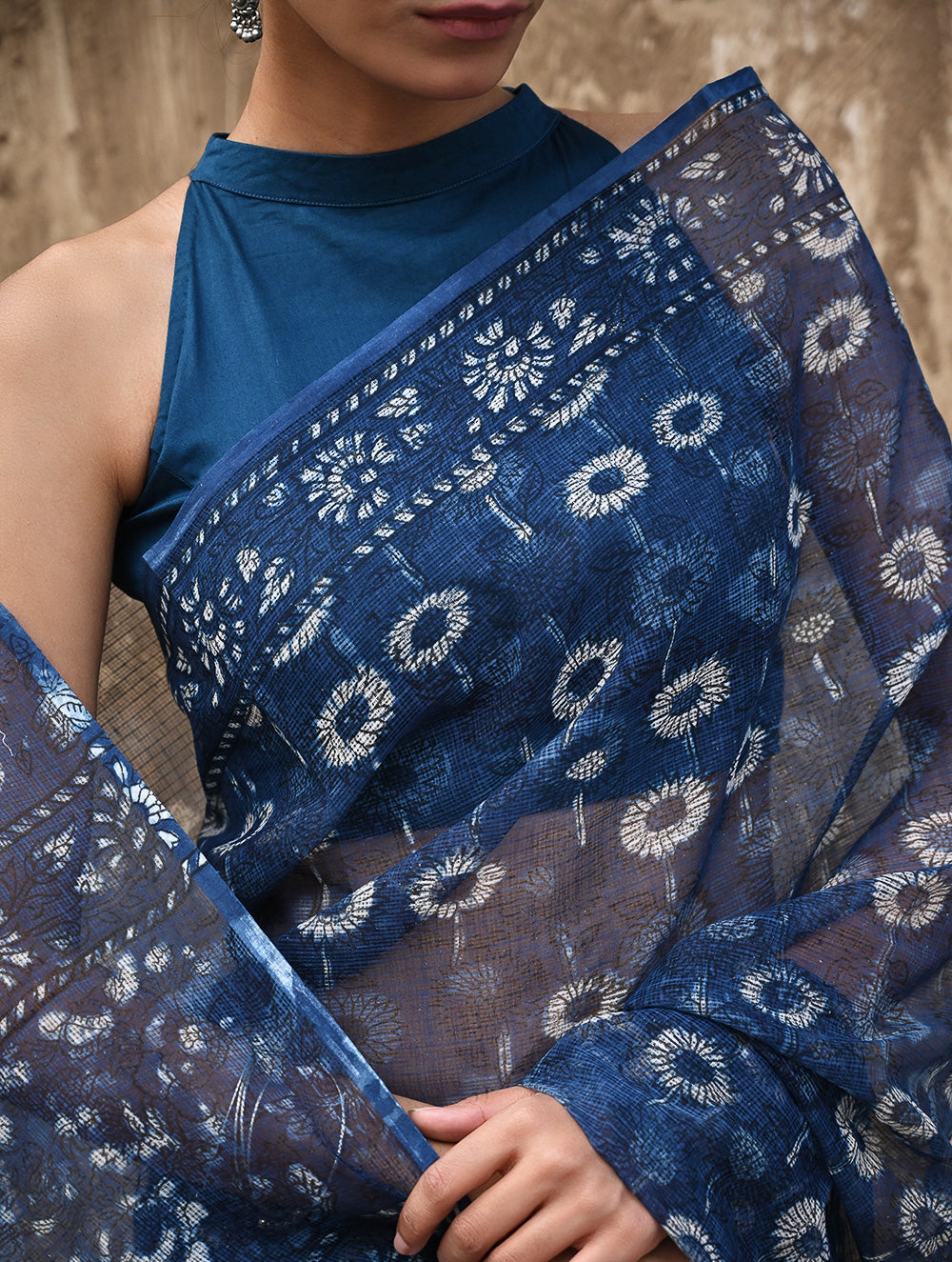 Sanganer Summers : Hand Block Printed Kota Doria Saree - Indigo Daisy Field