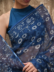 Sanganer Summers : Hand Block Printed Kota Doria Saree - Indigo Daisy Field