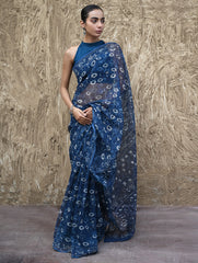 Sanganer Summers : Hand Block Printed Kota Doria Saree - Indigo Daisy Field