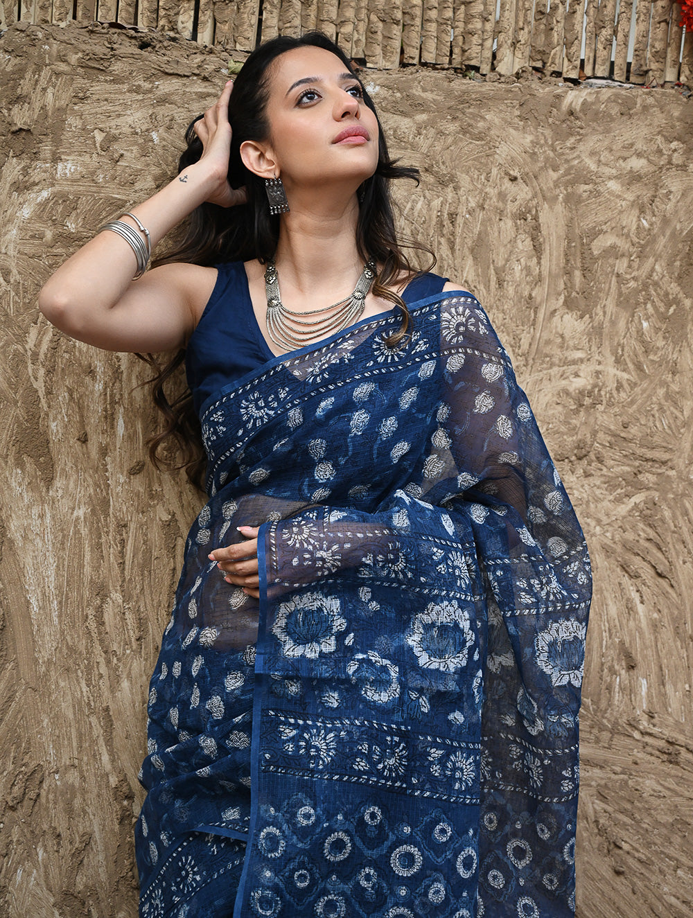 Sanganer Summers : Hand Block Printed Kota Doria Saree - Indigo Roses
