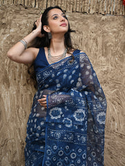 Sanganer Summers : Hand Block Printed Kota Doria Saree - Indigo Roses