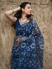 Sanganer Summers : Hand Block Printed Kota Doria Saree - Indigo Roses