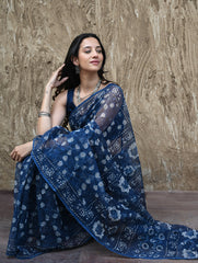 Sanganer Summers : Hand Block Printed Kota Doria Saree - Indigo Roses