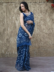 Sanganer Summers : Hand Block Printed Kota Doria Saree - Indigo Roses