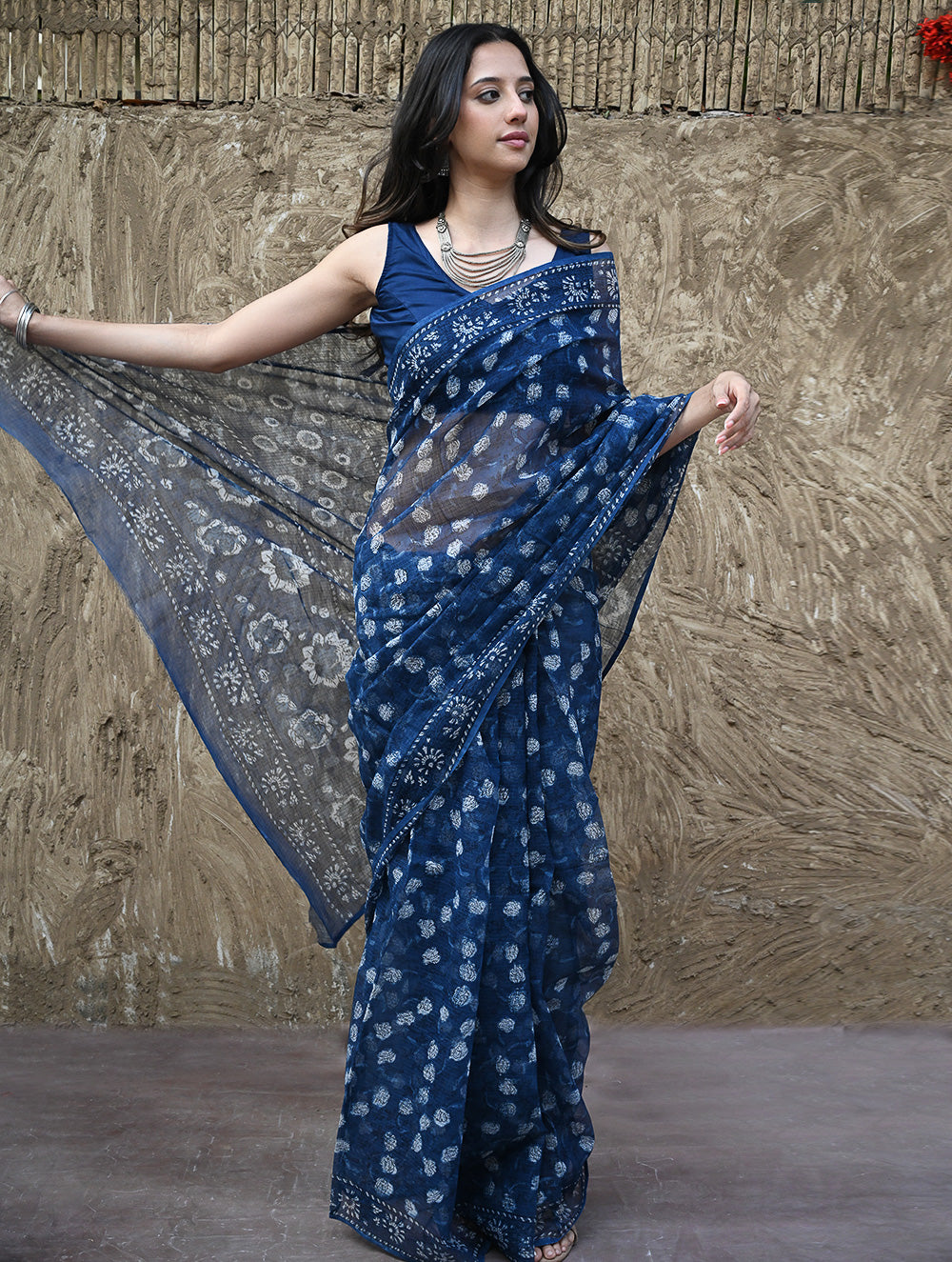 Sanganer Summers : Hand Block Printed Kota Doria Saree - Indigo Roses