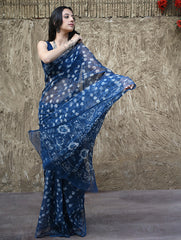 Sanganer Summers : Hand Block Printed Kota Doria Saree - Indigo Roses