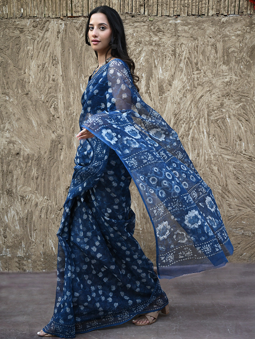 Sanganer Summers : Hand Block Printed Kota Doria Saree - Indigo Roses