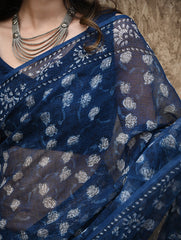 Sanganer Summers : Hand Block Printed Kota Doria Saree - Indigo Roses