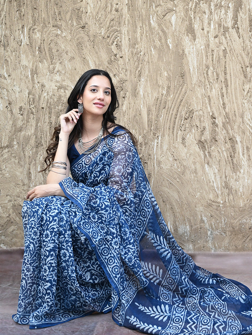 Sanganer Summers : Hand Block Printed Kota Doria Saree - Indigo Kairi