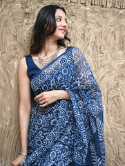 Sanganer Summers : Hand Block Printed Kota Doria Saree - Indigo Kairi