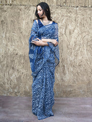 Sanganer Summers : Hand Block Printed Kota Doria Saree - Indigo Kairi