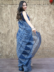 Sanganer Summers : Hand Block Printed Kota Doria Saree - Indigo Kairi