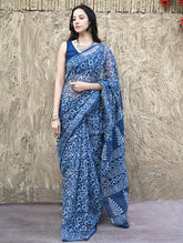 Sanganer Summers : Hand Block Printed Kota Doria Saree - Indigo Kairi