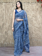 Sanganer Summers : Hand Block Printed Kota Doria Saree - Indigo Kairi