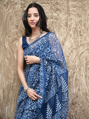 Sanganer Summers : Hand Block Printed Kota Doria Saree - Indigo Kairi