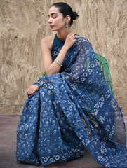 Sanganer Summers : Hand Block Printed Kota Doria Saree - Indigo Bouquet