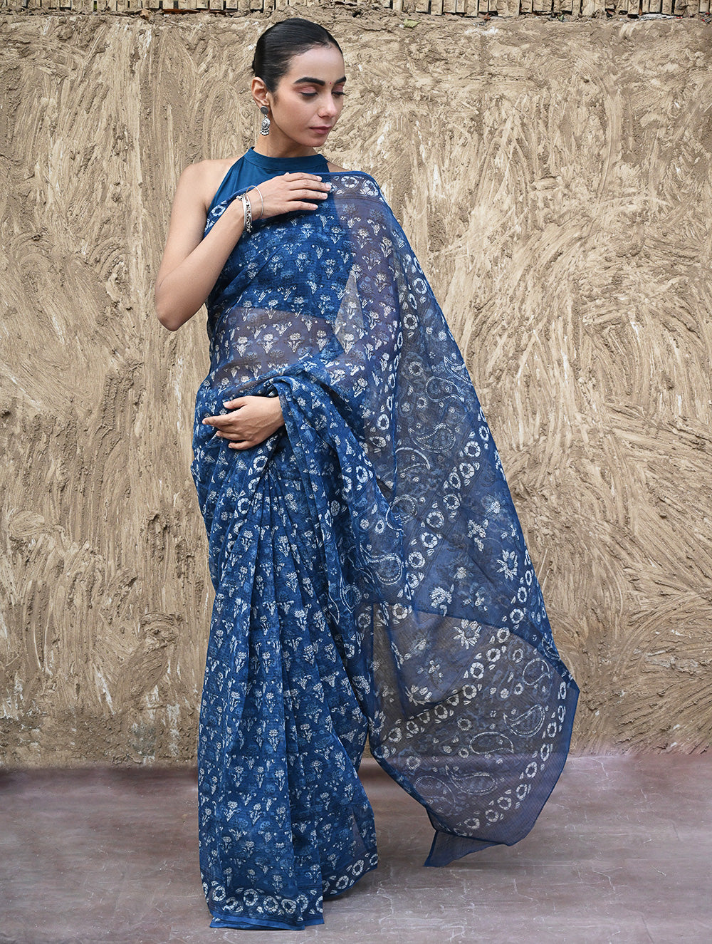 Sanganer Summers : Hand Block Printed Kota Doria Saree - Indigo Bouquet