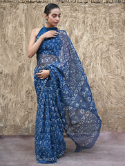 Sanganer Summers : Hand Block Printed Kota Doria Saree - Indigo Bouquet