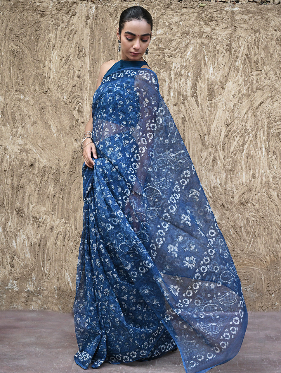 Sanganer Summers : Hand Block Printed Kota Doria Saree - Indigo Bouquet