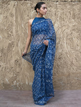 Sanganer Summers : Hand Block Printed Kota Doria Saree - Indigo Bouquet
