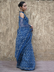 Sanganer Summers : Hand Block Printed Kota Doria Saree - Indigo Bouquet