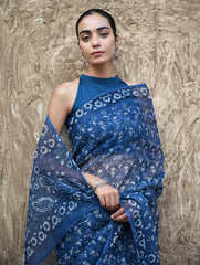 Sanganer Summers : Hand Block Printed Kota Doria Saree - Indigo Bouquet