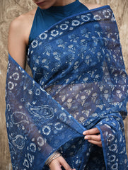 Sanganer Summers : Hand Block Printed Kota Doria Saree - Indigo Bouquet