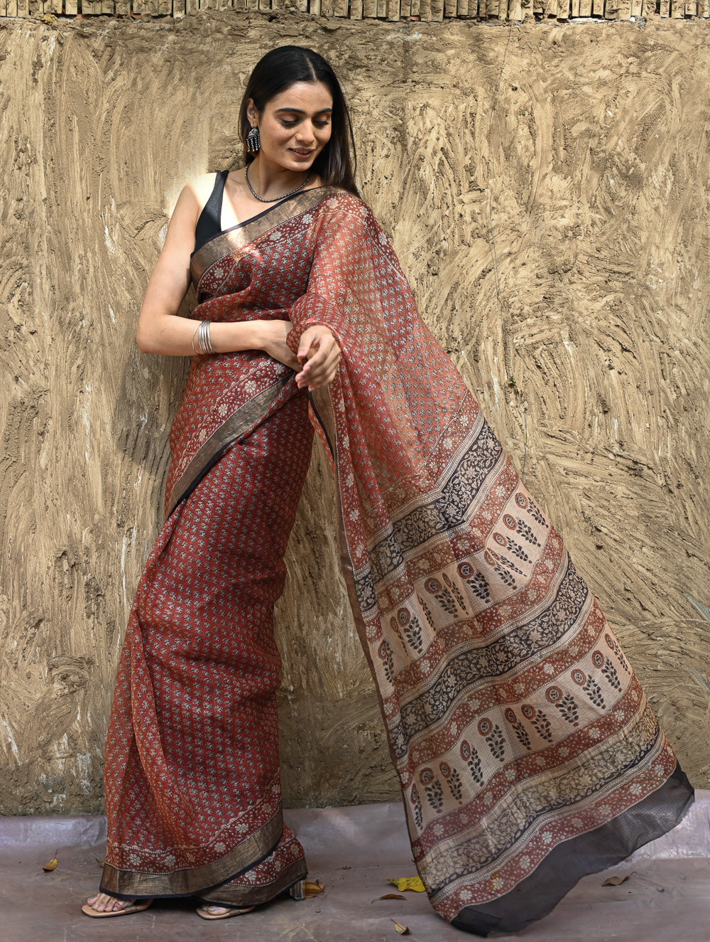 Bagru Statements : Hand Block Printed Silk Kota Doria Saree - Kesar Baag