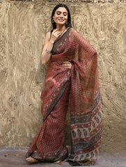 Bagru Statements : Hand Block Printed Silk Kota Doria Saree - Kesar Baag