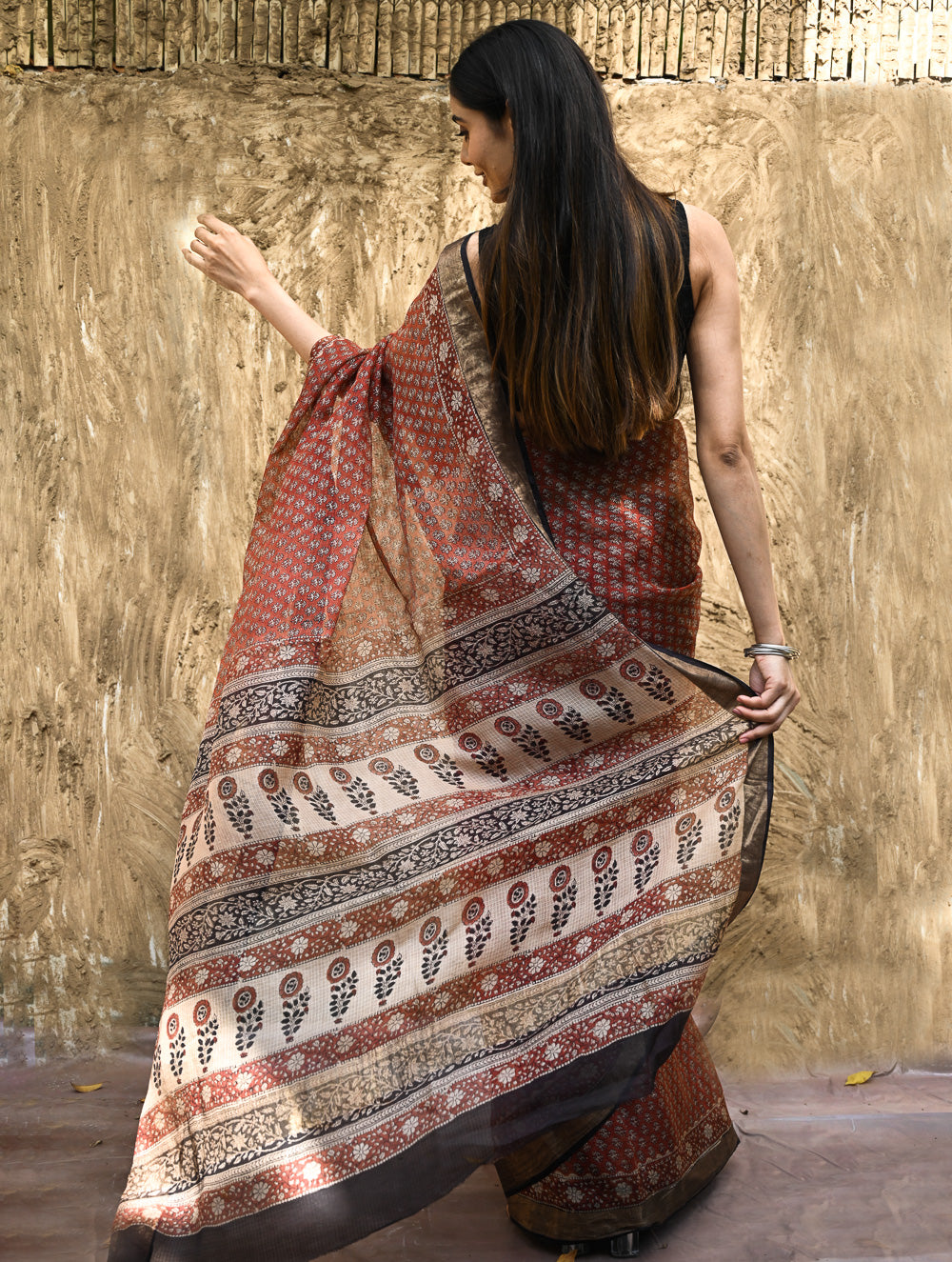 Bagru Statements : Hand Block Printed Silk Kota Doria Saree - Kesar Baag