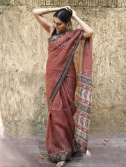 Bagru Statements : Hand Block Printed Silk Kota Doria Saree - Kesar Baag