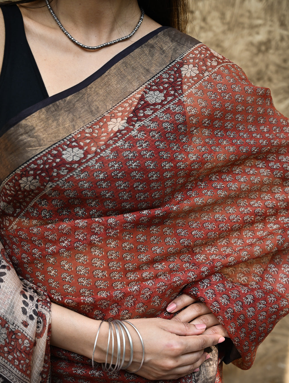 Bagru Statements : Hand Block Printed Silk Kota Doria Saree - Kesar Baag