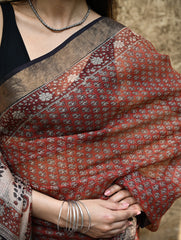 Bagru Statements : Hand Block Printed Silk Kota Doria Saree - Kesar Baag