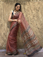 Bagru Statements : Hand Block Printed Silk Kota Doria Saree - Kesar Baag