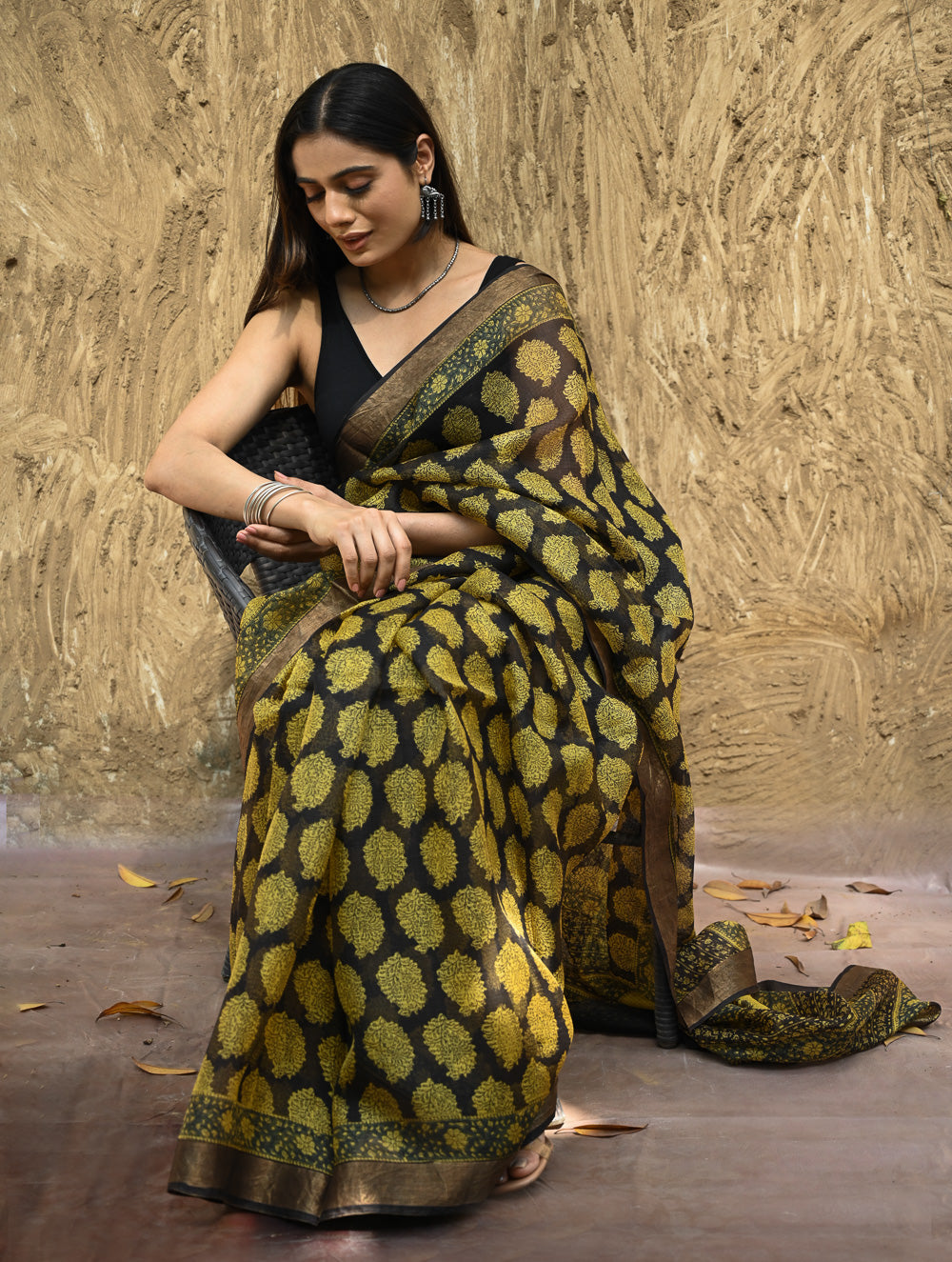 Bagru Statements : Hand Block Printed Silk Kota Doria Saree - Sunehri Baag