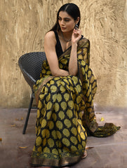 Bagru Statements : Hand Block Printed Silk Kota Doria Saree - Sunehri Baag