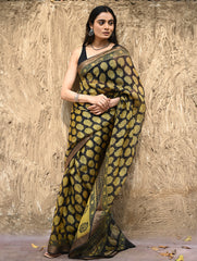 Bagru Statements : Hand Block Printed Silk Kota Doria Saree - Sunehri Baag