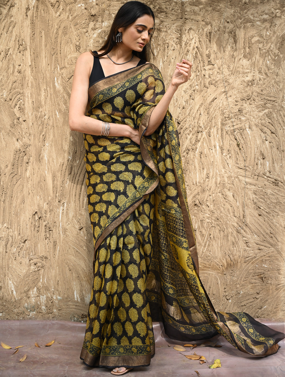 Bagru Statements : Hand Block Printed Silk Kota Doria Saree - Sunehri Baag