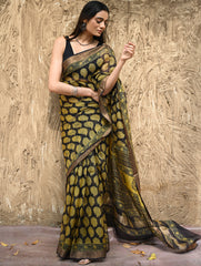 Bagru Statements : Hand Block Printed Silk Kota Doria Saree - Sunehri Baag