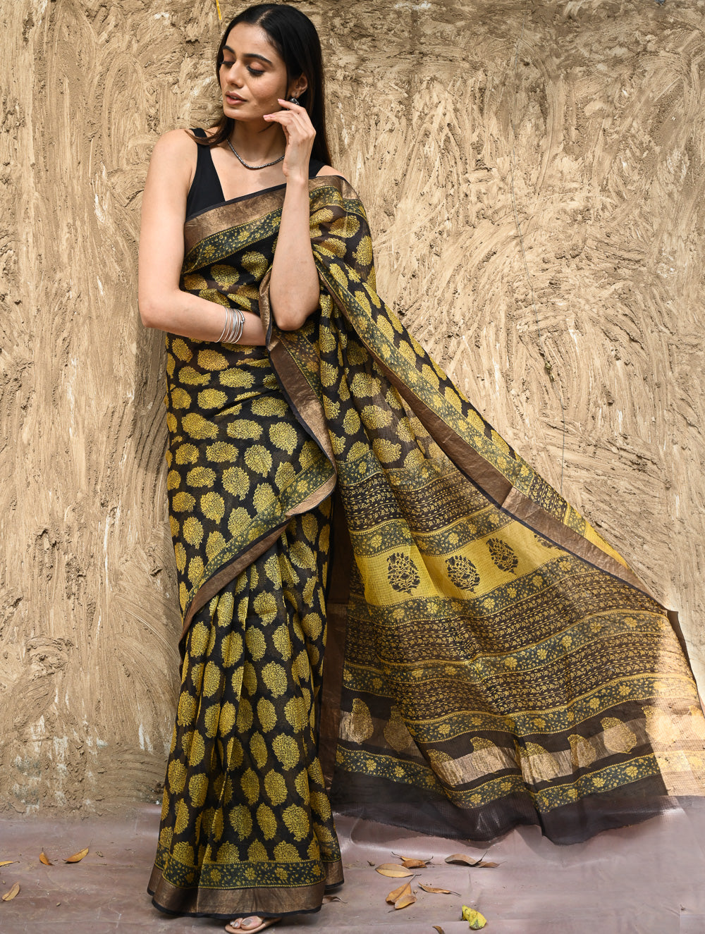 Bagru Statements : Hand Block Printed Silk Kota Doria Saree - Sunehri Baag