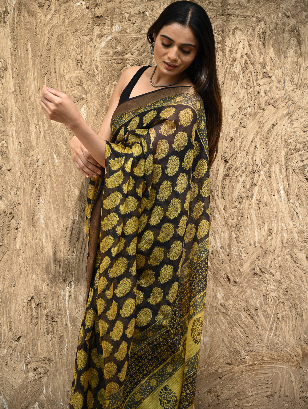 Bagru Statements : Hand Block Printed Silk Kota Doria Saree - Sunehri Baag