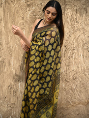 Bagru Statements : Hand Block Printed Silk Kota Doria Saree - Sunehri Baag