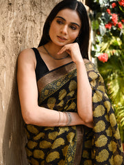 Bagru Statements : Hand Block Printed Silk Kota Doria Saree - Sunehri Baag