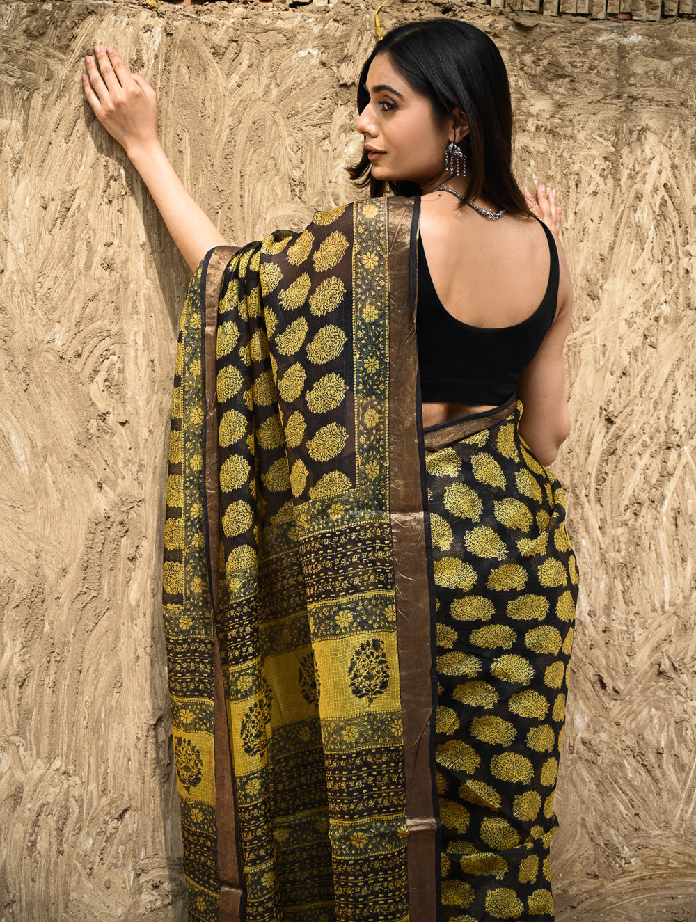 Bagru Statements : Hand Block Printed Silk Kota Doria Saree - Sunehri Baag