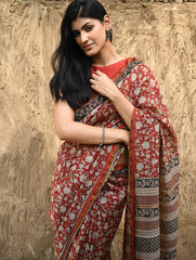 Bagru Statements : Hand Block Printed Chanderi Saree - Pushpa Jaal