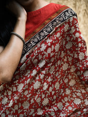 Bagru Statements : Hand Block Printed Chanderi Saree - Pushpa Jaal