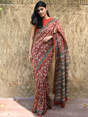Bagru Statements : Hand Block Printed Chanderi Saree - Pushpa Jaal