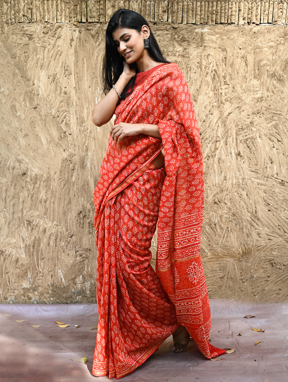 Dabu Vibes : Hand Block Printed Chanderi Saree - Agni Pallav