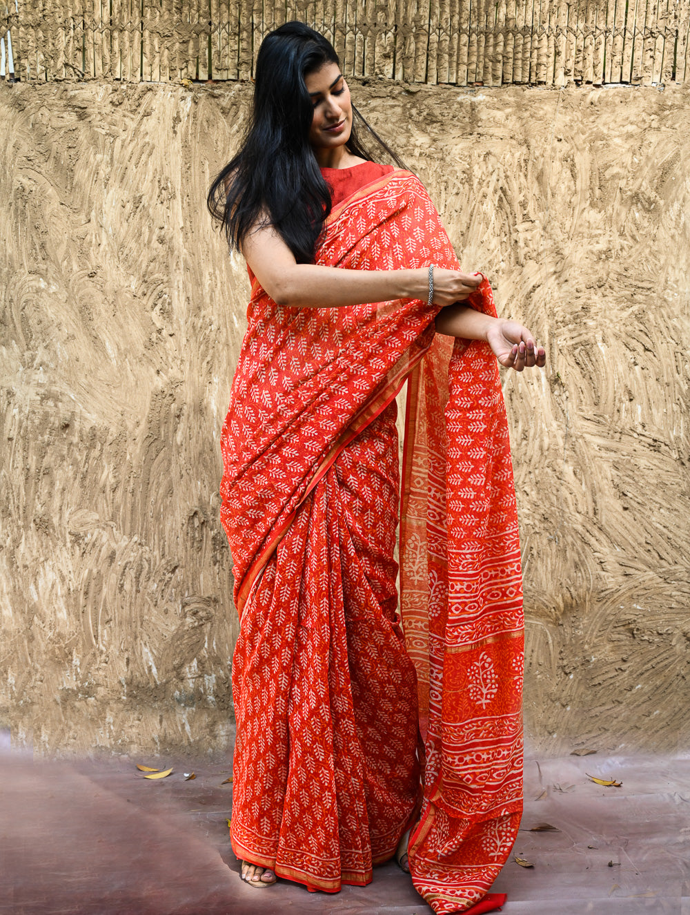 Dabu Vibes : Hand Block Printed Chanderi Saree - Agni Pallav